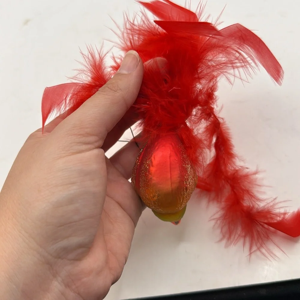 Vintage Red Feathered Bird Glass Ornament Collectible Decor Christmas